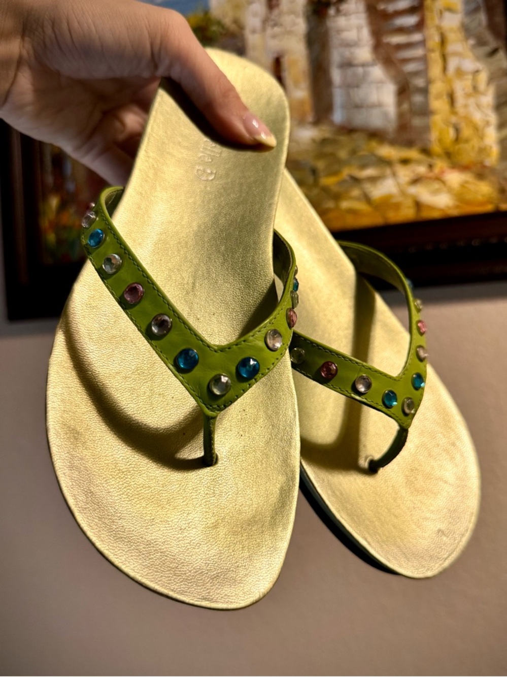 Vintage 90s Y2K Green Colorful Jewel Rhinestone Sandals Flip Flops 6
